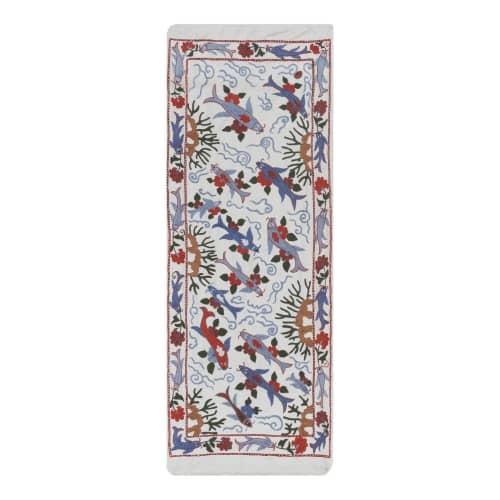1960s Silk Suzani Animal Runner, Vintage C.Asian Suzani Tabl | Tablecloth in Linens & Bedding by Vintage Pillows Store