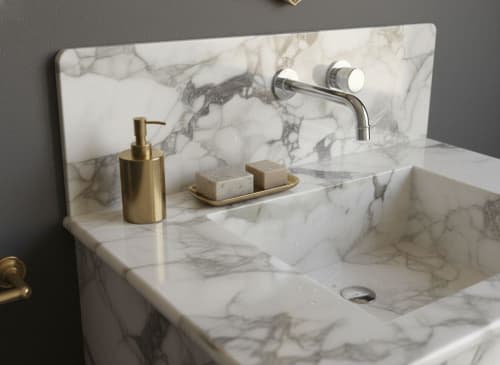Calacatta Monet Marble Sink with Backsplash | Custom design | Water Fixtures by AYMARBLEDESIGN LLC