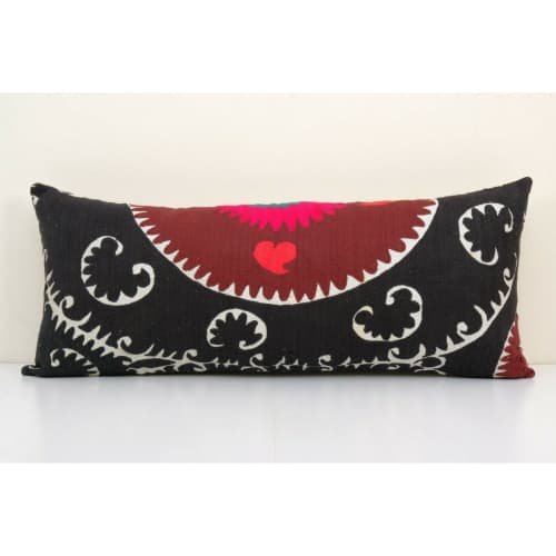 16" x 38" Long Lumbar King Bed Vintage Black Cotton Suzani | Sham in Linens & Bedding by Vintage Pillows Store. Item made of cotton