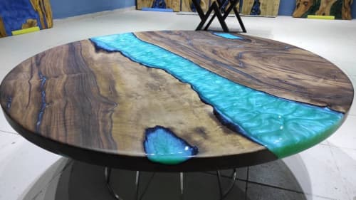 Custom Order Round Metallic Green Dark Walnut Wood | Dining Table in Tables by LuxuryEpoxyFurniture. Item made of wood with synthetic