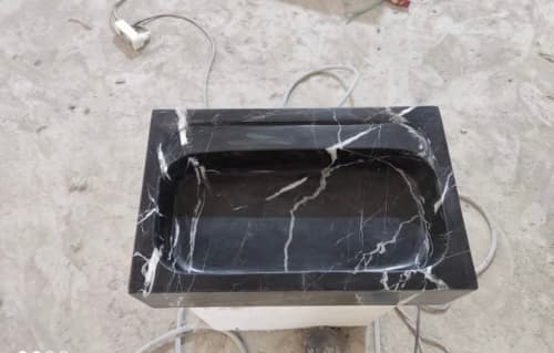 Nero Marquina Marble Sink: Black Satin Washbasin, Wall Mount Vanity (16''x24x5”) | Water Fixtures by AEGEAN MARBLE ARTISAN ATELIER
