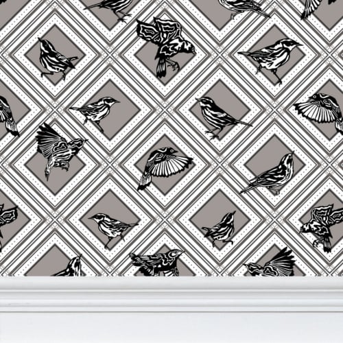 Trellis - Magnolia Warblers - Greyscale - Wallpaper Print | Wall Treatments by Sean Martorana. Item made of paper