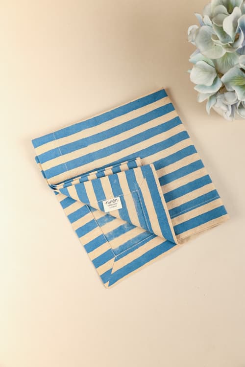 Oh! Stripes (Blue) Block Print Napkins, Set of 4 | Linens & Bedding by Ninéh