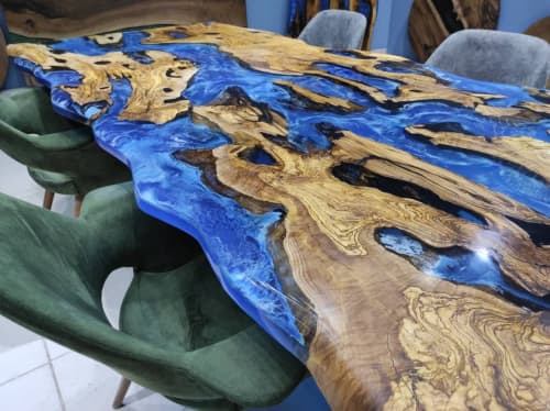 Live Edge Olive Tree Ocean Epoxy River Table - Epoxy Resin | Dining Table in Tables by LuxuryEpoxyFurniture. Item made of wood & synthetic