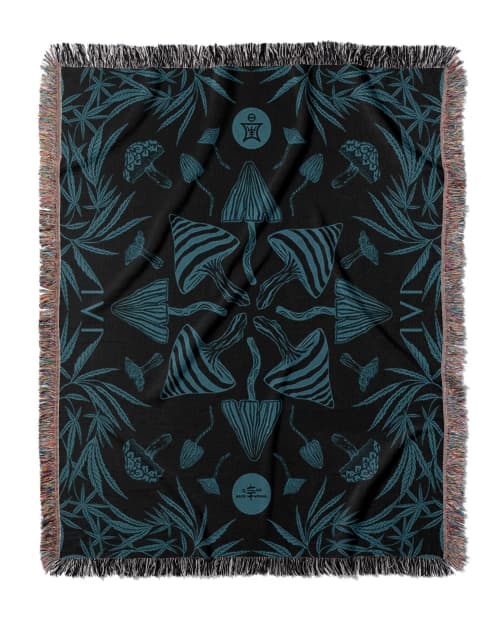 IVI - Mushroom + Cannabis  Blanket Blue Green | Linens & Bedding by Sean Martorana. Item made of cotton with fiber