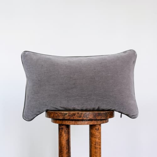 Soft Grey Mohair with Grey Brown Leather Welt Pillow 12x20 | Pillows by Vantage Design