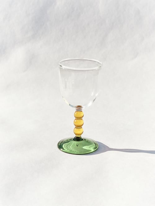 Hand Blown Circle Stem Wine Glass in Yellow/Green | Drinkware by Barton Croft. Item made of glass works with country & farmhouse & japandi style