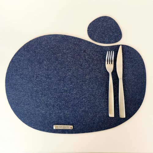 Irregular indigo blue felt placemats and coaster. Set of 2 by