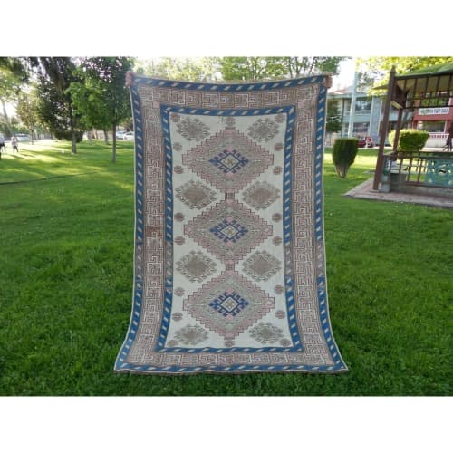 Vintage Turkish Kars Wool Area Rug 4'5'' x 6'8'' | Rugs by Vintage Pillows Store. Item made of cotton with fiber