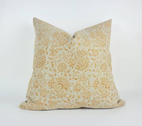 Yellow block print pillow, block print mustard floral pillow | Pillows by velvet + linen