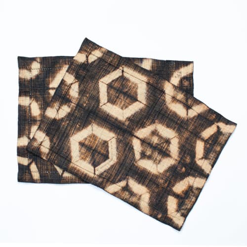 Raffia Shibori Placemat Pair - Turtle Pattern - Brown Black | Tableware by Tanana Madagascar. Item composed of fabric