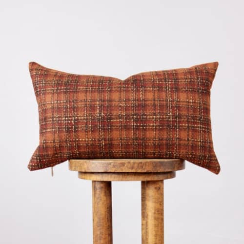 Cinnamon Rust Woven Wool Plaid Lumbar Pillow 12x20