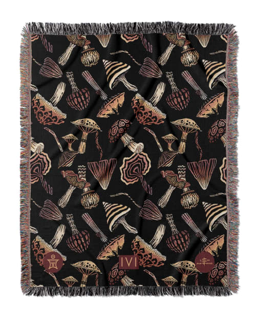 IVI - Mushroom Jacquard Woven Blanket - Original Black | Linens & Bedding by Sean Martorana. Item composed of cotton