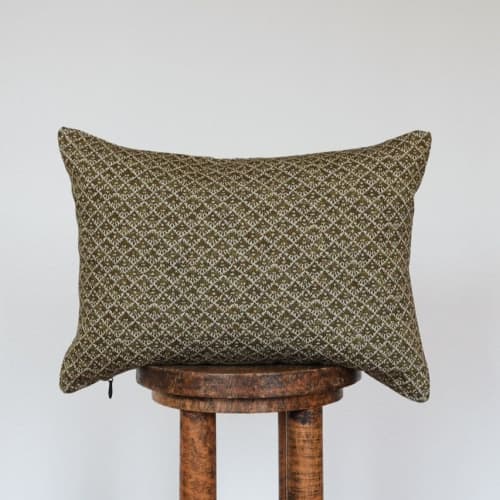 Olive Green Floral Motif on Linen Lumbar Pillow 12x18 | Pillows by Vantage Design