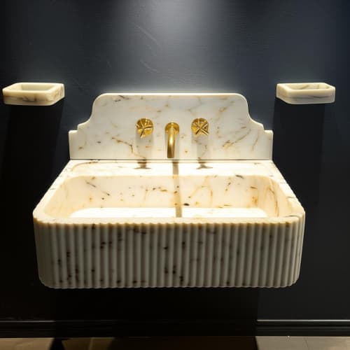 Fluted Calacatta Gold Marble Sink: Modern Bathroom Vanity, 24" x 16" | Water Fixtures by AYMARBLEDESIGN LLC