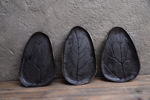 BLACK Leaf plate gold edge, stoneware saucer cake plate | Dinnerware by Laima Ceramics. Item made of ceramic compatible with minimalism and contemporary style