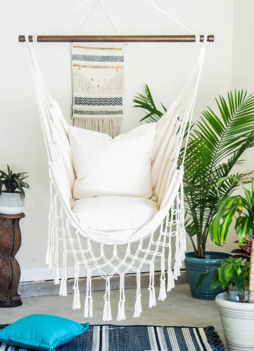 White Macrame Hammock Chair Swing + 2 Pillows | Swing Chair in Chairs by Limbo Imports Hammocks. Item made of cotton with fiber