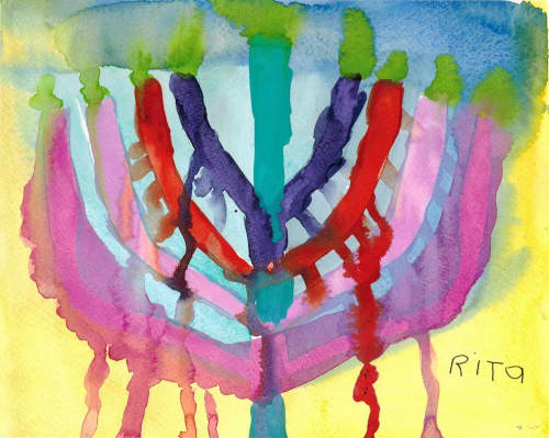 Menorah for Chanukah 2 - Original Watercolor | Watercolor Painting in Paintings by Rita Winkler - "My Art, My Shop" (original watercolors by artist with Down syndrome). Item made of paper compatible with contemporary and modern style