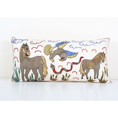 Vintage Long Animal Suzani Pillow Cover, Fish Motif Tribal C | Cushion in Pillows by Vintage Pillows Store
