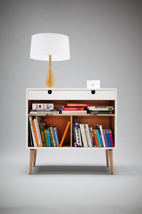 Modern White Bookcase Credenza with Drawer | Storage by Manuel Barrera Habitables. Item composed of walnut