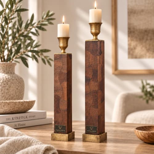 Handmade Mahogany Veneer Candle Holders, Geometric Marquetry, Modern Scandinavian Decor (Pair),Housewarming Gift | Decorative Objects by Vesta Corte
