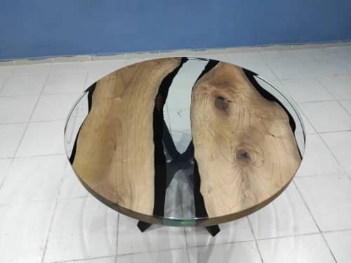 Custom 42" Diameter, Round Walnut Wood, Clear Epoxy Dining | Dining Table in Tables by LuxuryEpoxyFurniture. Item composed of wood and synthetic