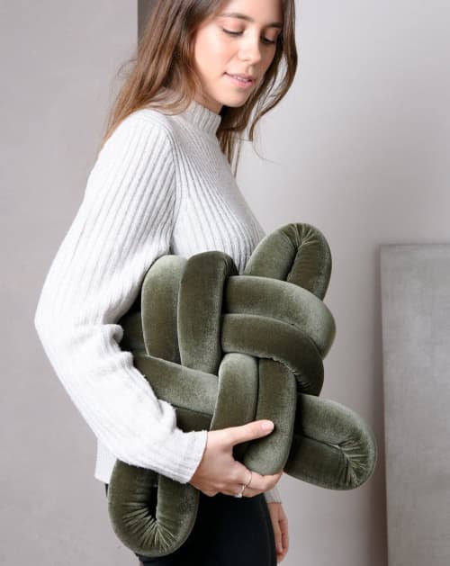 Olive Green Velvet Knot Pillow | Pouf in Pillows by Knots Studio. Item composed of fabric and synthetic