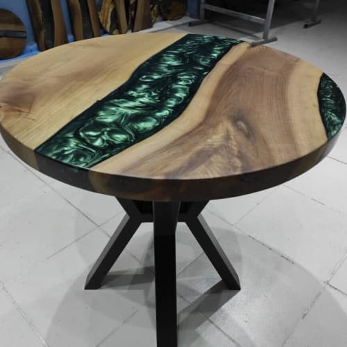 Custom 30" Diameter, Round Dark Walnut Wood, Metallic Green | Dining Table in Tables by LuxuryEpoxyFurniture. Item composed of wood and synthetic