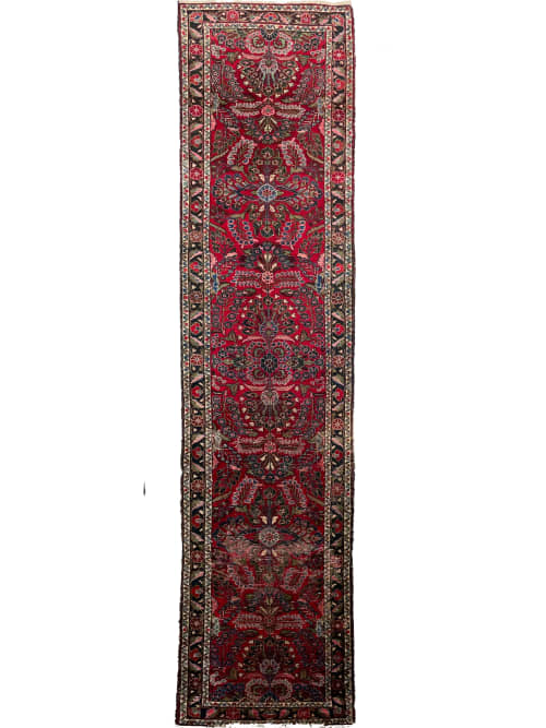 NARROW & LONG Deep Strawberry w/ Teal, Sage Green & Lavender | Runner Rug in Rugs by The Loom House. Item composed of fabric and fiber