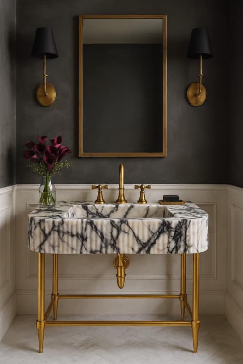 Custom Calacatta Viola Marble Sink with Brass Legs | Water Fixtures by Vero Marble