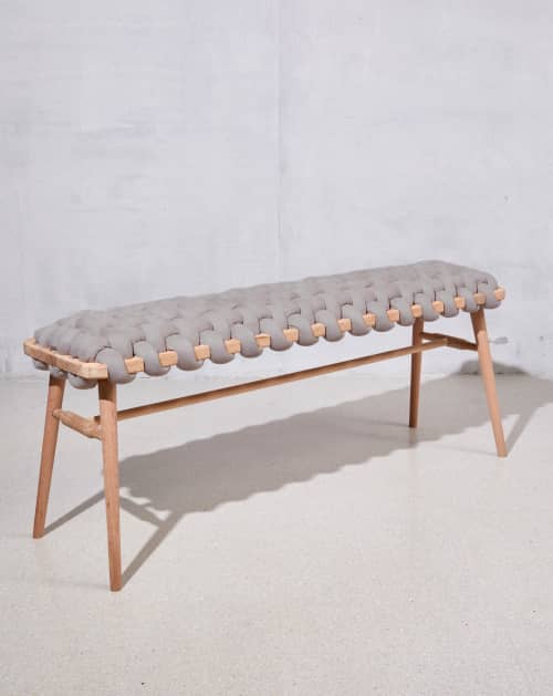 Arora Grey Vegan Suede Woven Bench | Benches & Ottomans by Knots Studio. Item made of wood with fabric