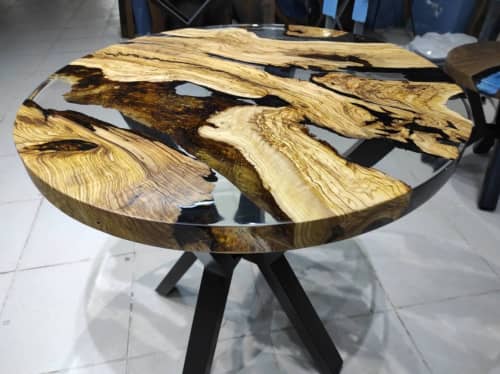 Custom 30" Diameter, Round Olive Wood, Clear Epoxy Dining | Dining Table in Tables by LuxuryEpoxyFurniture. Item made of wood with synthetic