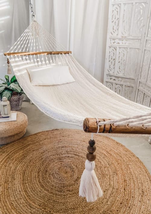 Woven White Hammock With Wood Spreaders | JULIANNA | Chairs by Limbo Imports Hammocks. Item composed of wood and cotton