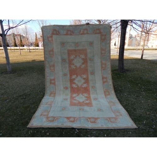 Vintage Distressed Pastel Color Oushak Area Rug | Rugs by Vintage Pillows Store. Item made of cotton with fiber