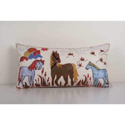 Vintage Animal Pictorial Suzani Pillow Cover, 1960s Handmade | Cushion in Pillows by Vintage Pillows Store