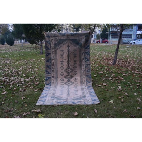 Vintage Distressed Turkish Oushak Rug - Designer Carpet | Runner Rug in Rugs by Vintage Pillows Store. Item made of cotton