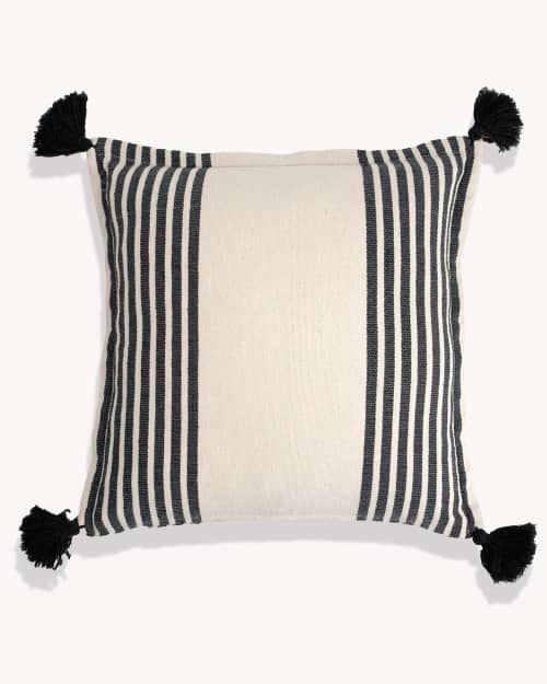 Ivanna Stripe Cotton Tassle Cushion Cover | Sham in Linens & Bedding by Routes Interiors. Item made of cotton & fiber compatible with boho and eclectic & maximalism style