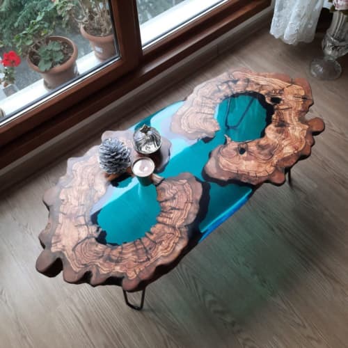Epoxy Custom Vivid Edge Blue Resin River Olive Wood Coffee Table | Tables by Ironscustomwood. Item made of wood with synthetic