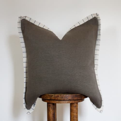 Mushroom Brown Linen with Cream & Denim Blue Striped Flange 22x22 | Pillow in Pillows by Vantage Design