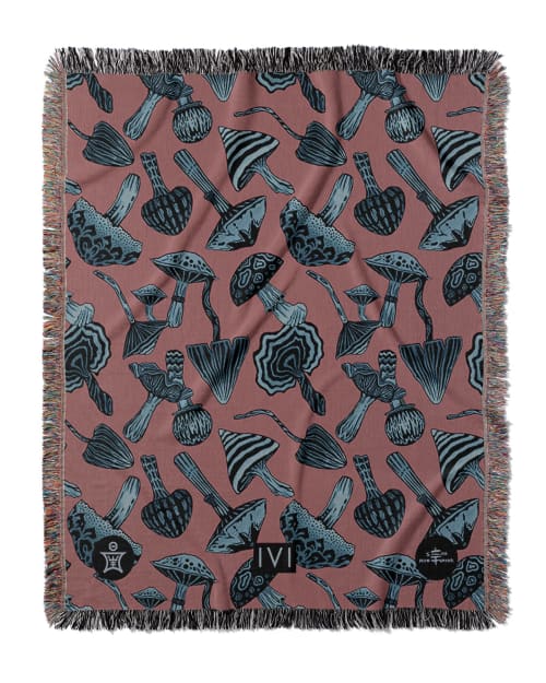 IVI - Mushroom Jacquard Woven Blanket - Blue Pink | Linens & Bedding by Sean Martorana. Item composed of cotton
