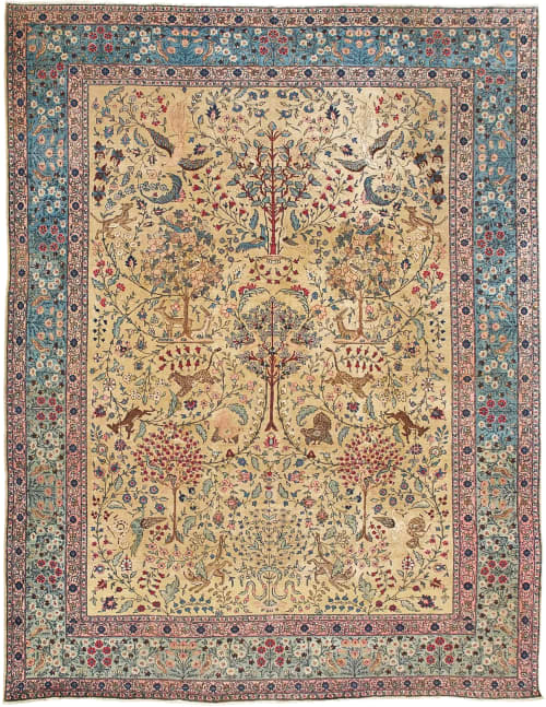 RARE PARADISE TABRIZ with Phoenix, Leopards, Fawn, & Rooster | Area Rug in Rugs by The Loom House. Item made of fabric & fiber