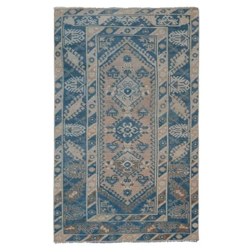 Vintage Blue Turkish Oushak Rug 3'7" X 5'11" | Area Rug in Rugs by Vintage Pillows Store. Item made of cotton with fiber