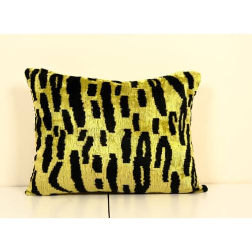 16" x 23" Tiger Motif Pillow Cover, Gold Ikat Velvet Pillow | Sham in Linens & Bedding by Vintage Pillows Store. Item made of cotton with fiber
