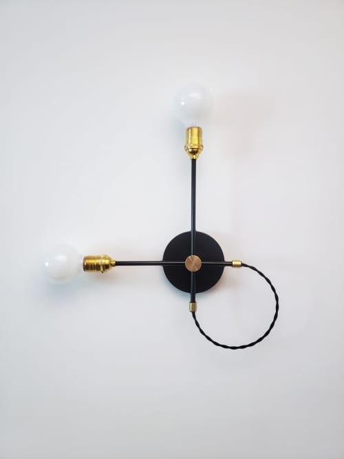 Minimalist Black and Gold Wall Sconce - 2 Bulb Light Fixture | Sconces by Retro Steam Works. Item composed of brass compatible with minimalism and mid century modern style