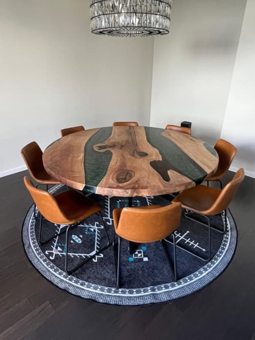 Custom 72 " Round Walnut Wood | Green Epoxy Dining Table | Tables by LuxuryEpoxyFurniture. Item composed of wood & synthetic