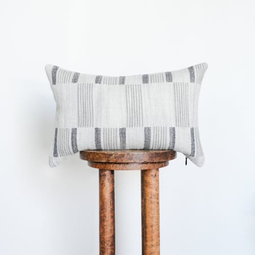 Cream, Navy, & Grey Block Stripe Linen Lumbar Pillow 13x20 | Pillows by Vantage Design