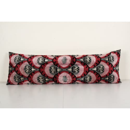 Ikat Lumbar Pillow Cover - Extra Long Pink and Red Silk Ikat | Cushion in Pillows by Vintage Pillows Store. Item made of cotton