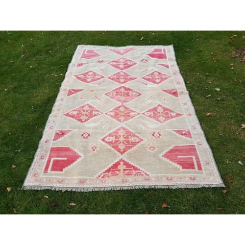 1970s Vintage Pastel Wool Turkish Oushak Rug - 5'5'' x 8'6'' | Area Rug in Rugs by Vintage Pillows Store. Item made of cotton