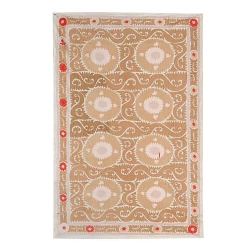Vintage Large Pastel Suzani Bedspread From Samarkand, Faded | Tablecloth in Linens & Bedding by Vintage Pillows Store
