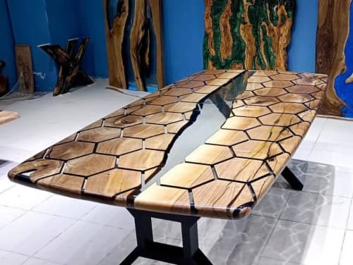 Clear Epoxy Resin Table, Hexagon Honeycomb Walnut | Dining Table in Tables by LuxuryEpoxyFurniture. Item composed of wood and synthetic